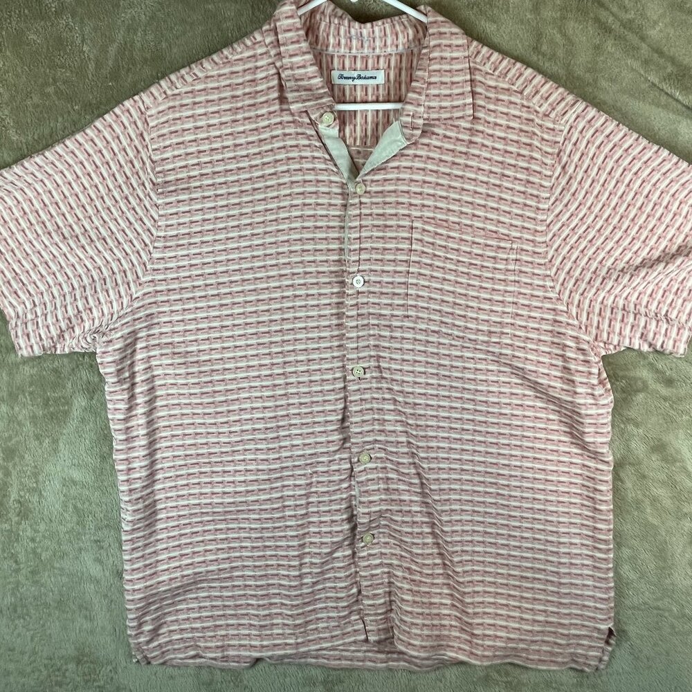 Tommy Bahama Mens Shirt Short Sleeve Button Up Pocket Printed Pink Size XL